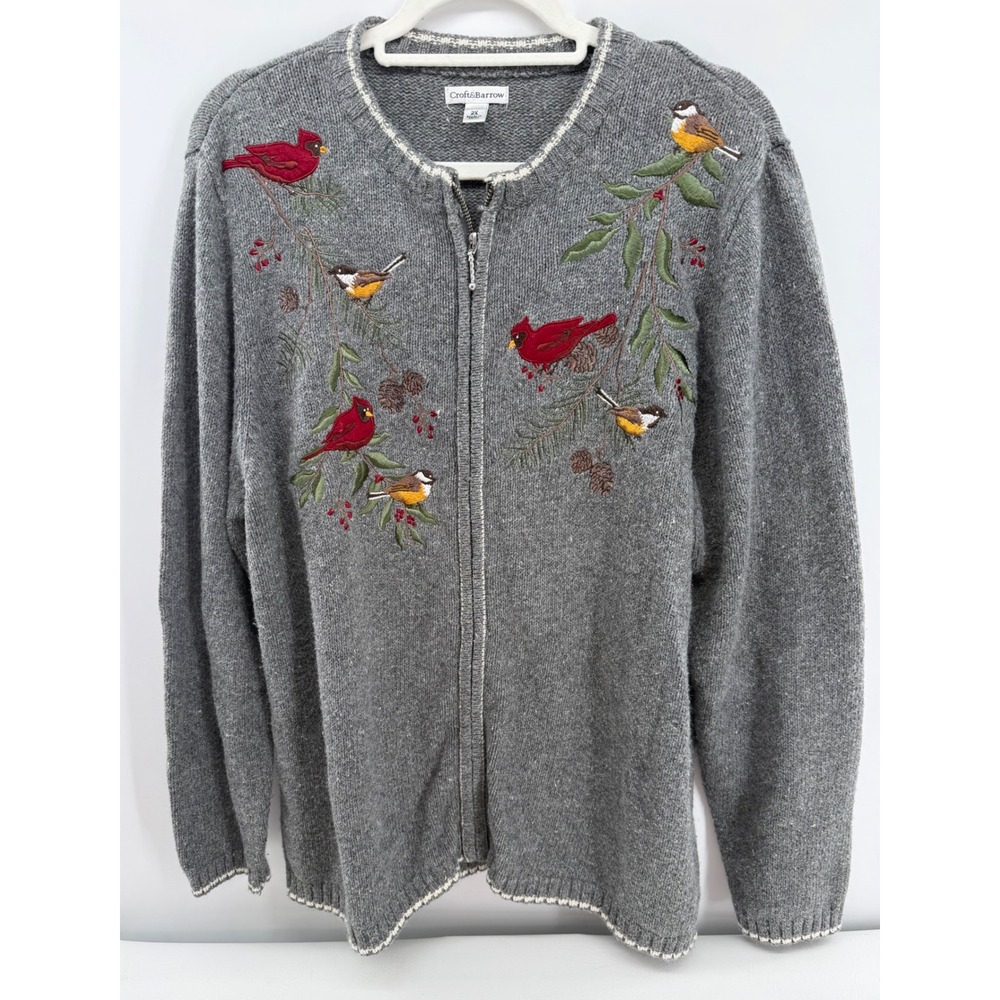 Vintage Cardigan Sweater Gray Embroidered Bird Cardinal Silk Blend 2X Grannycore